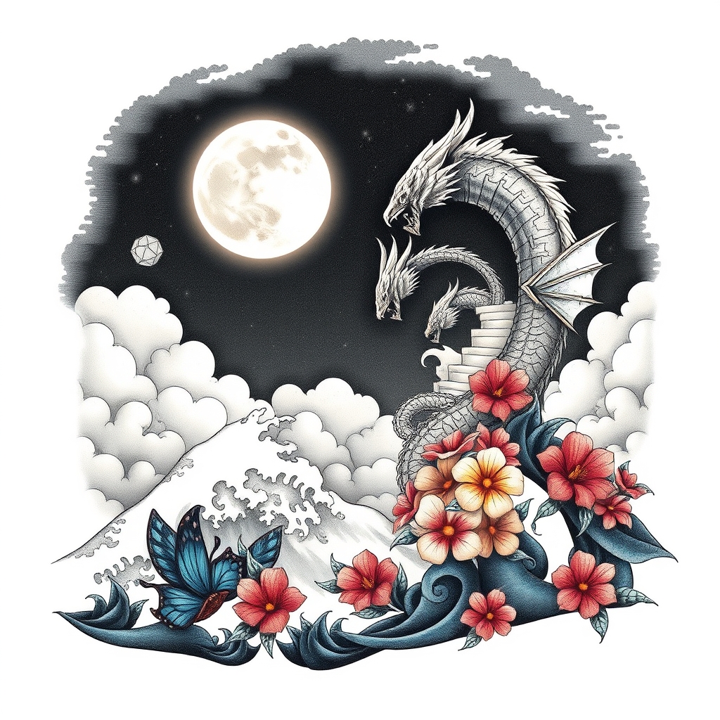 A tattoo design of aves, meets mc escher stairway folding into itself in the sky , the cresting waves turn into dragons, the dragons turn into butterflies and the butterflies turn into flowersin a night scene with the white glowing, with geometric glowing hexagram shaped planets in the sky moon , halfway full, the pale light splashing on the clouds that swirl mimicking the waves and the waves mimic the steady wind, the creating waves turm into dragons and the dragons into flowers in the style of geometric. - mythical creatures and nature tattoo design generated by AI tattoo generator