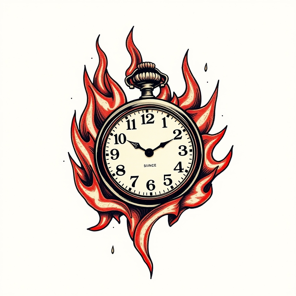 A tattoo design of vintage pocket watch on flames in the style of realistic. - time piece tattoo design generated by AI tattoo generator