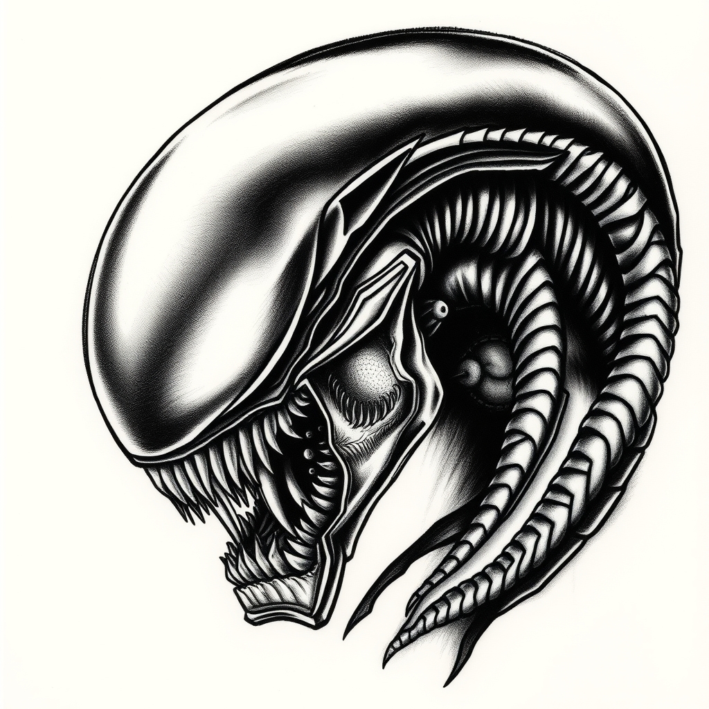 A tattoo design of Xenomorph head realistic and extra shading in the style of blackwork. - alien life form tattoo design generated by AI tattoo generator