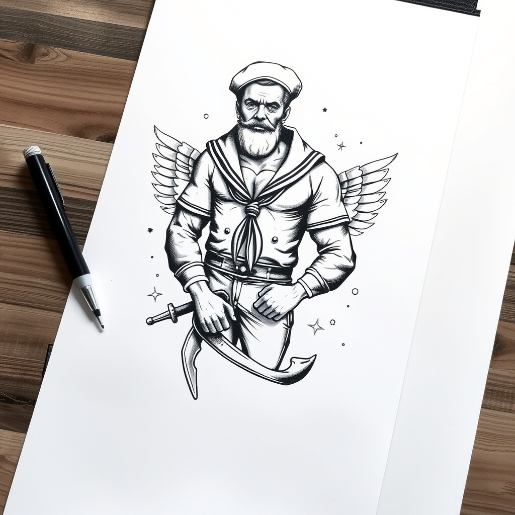 A tattoo design of b/w vintage full body sailor on white paper in the style of blackwork. - sailor tattoo design generated by AI tattoo generator
