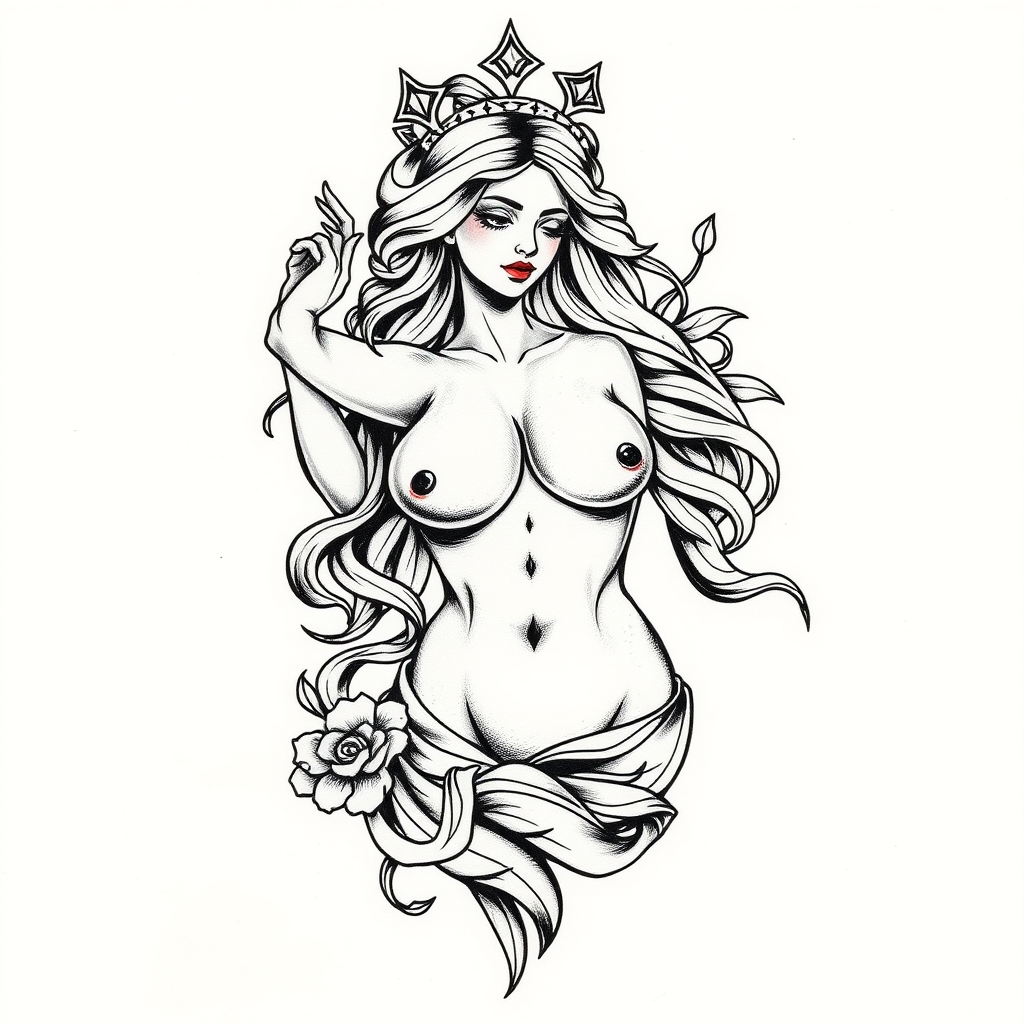 A tattoo design of Busty Aphrodite in the style of traditional. - greek mythology tattoo design generated by AI tattoo generator