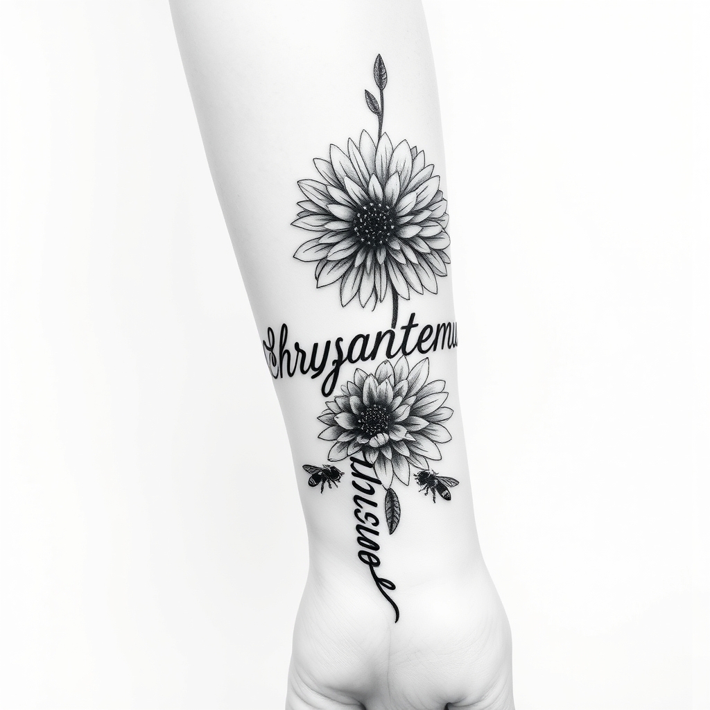 A tattoo design of Black and white from elbow to hand vertical the word Chrysanthemum in cursive down forearm, bees, blooming Chrysanthemums flowers large in the style of minimalist. - flowers tattoo design generated by AI tattoo generator