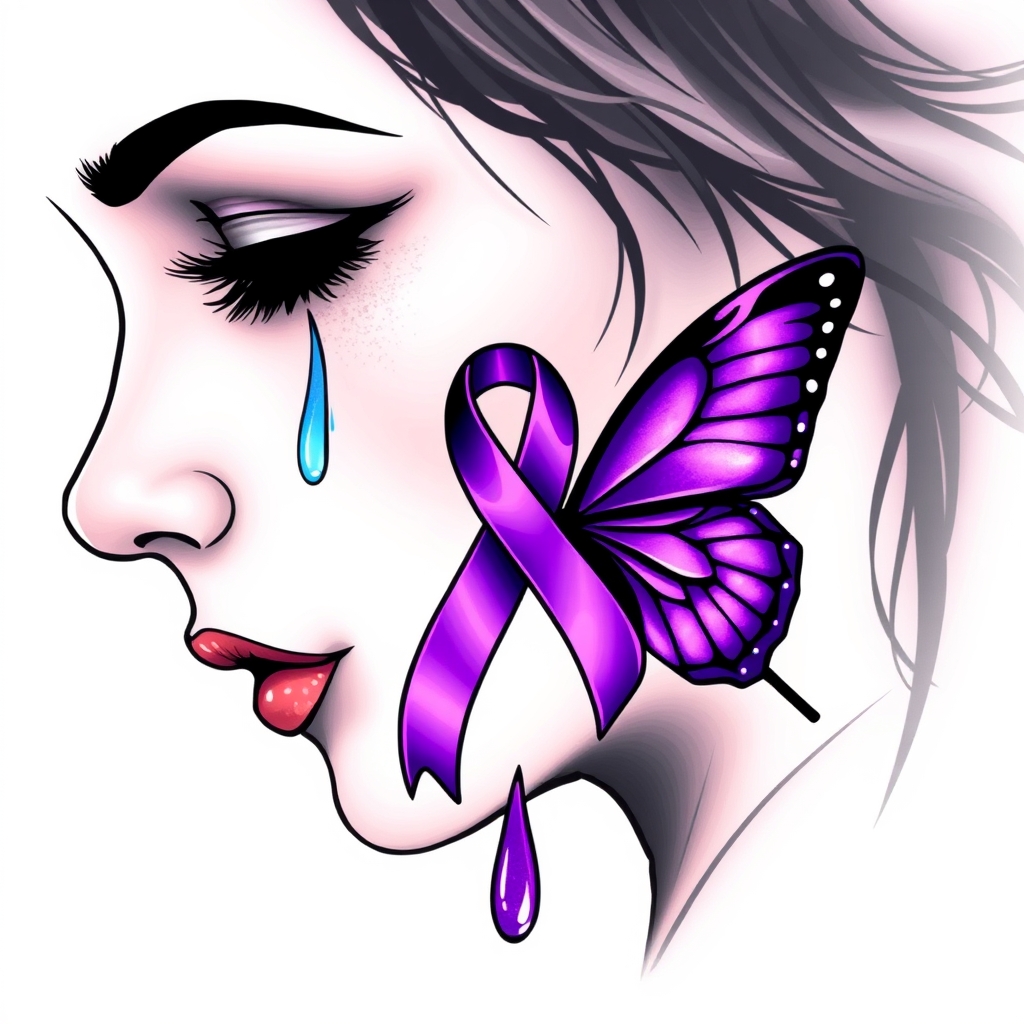 A tattoo design of A tear running down a woman's face with a domestic violence ribbon and a purple butterfly entwined together in the style of abstract. - domestic violence awareness tattoo design generated by AI tattoo generator