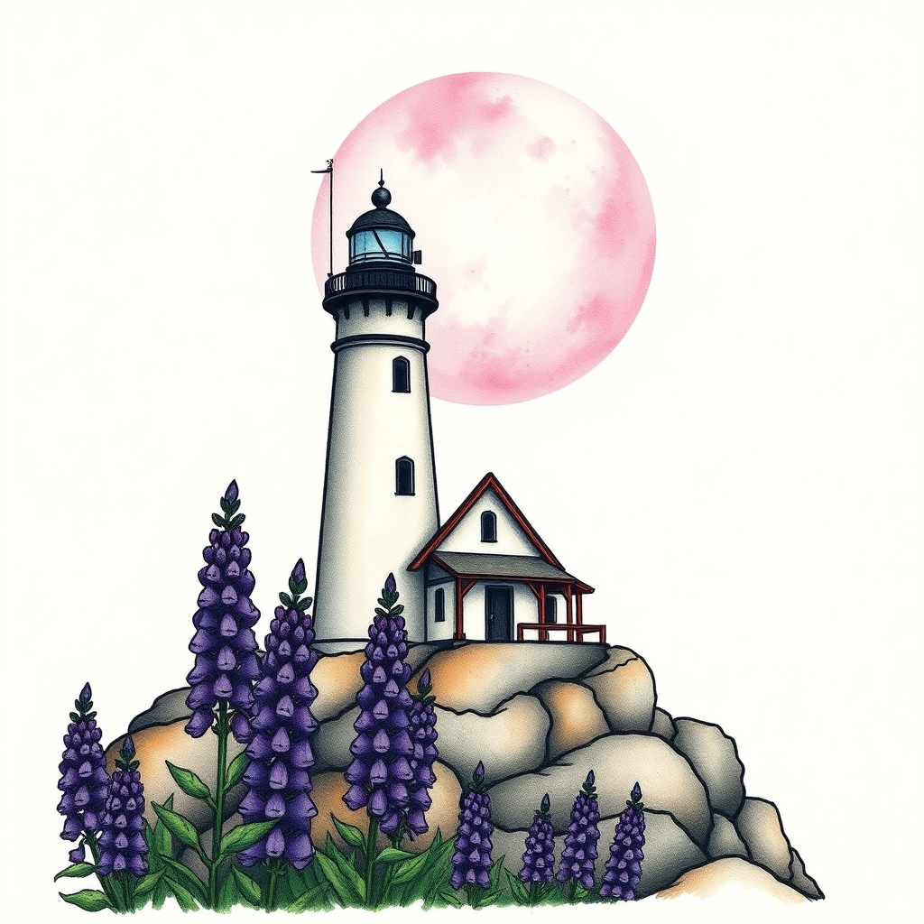 A tattoo design of lighthouse beside a chapel with a pink moon an purple lupines in the style of watercolor. - landscapes scenes tattoo design generated by AI tattoo generator