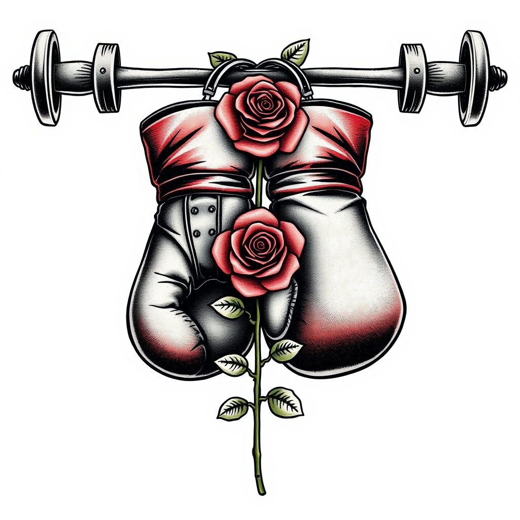 A tattoo design of Pair of boxing gloves hanging on a barbell with a single rose in the style of realistic. - boxing sport equipment tattoo design generated by AI tattoo generator
