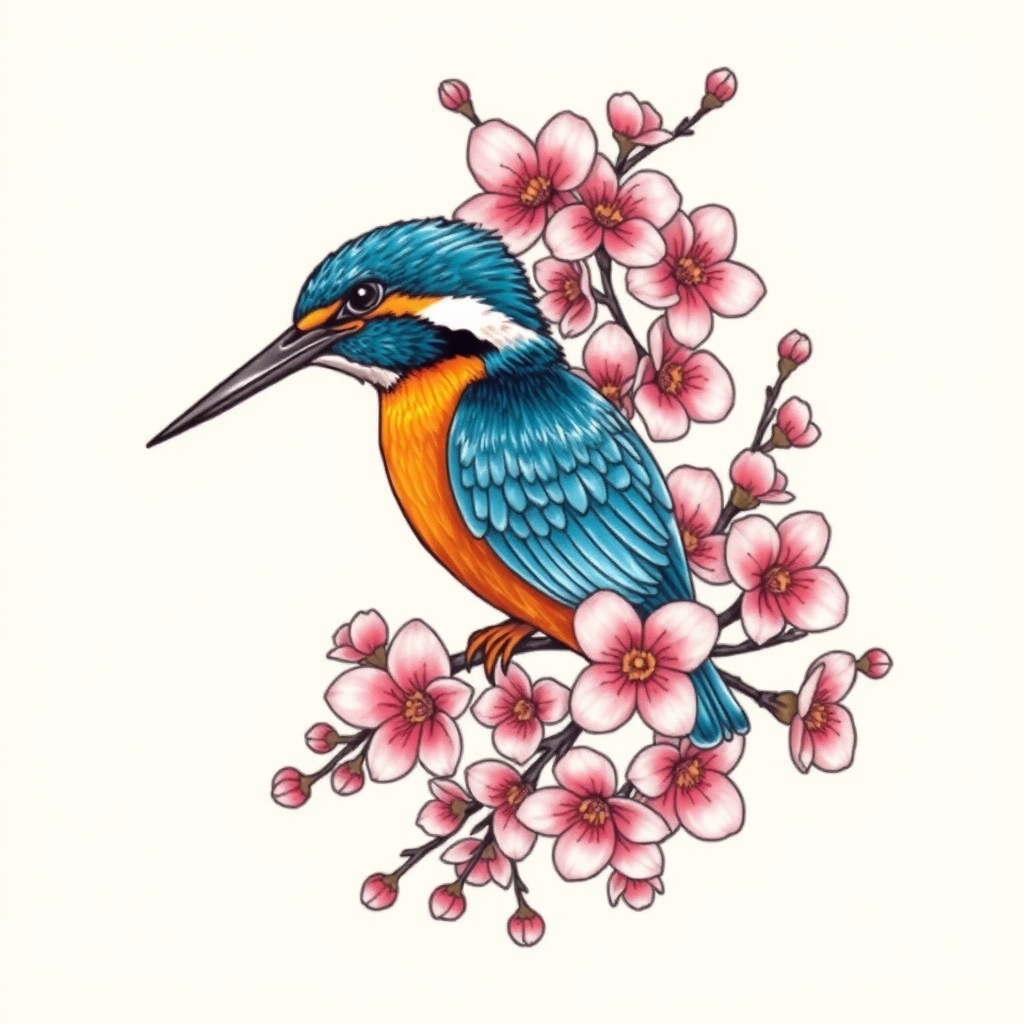 A tattoo design of Flying blue and orange kingfisher suroounded by large quantity of pink cherry blossoms in the style of japanese. - animals and flowers tattoo design generated by AI tattoo generator