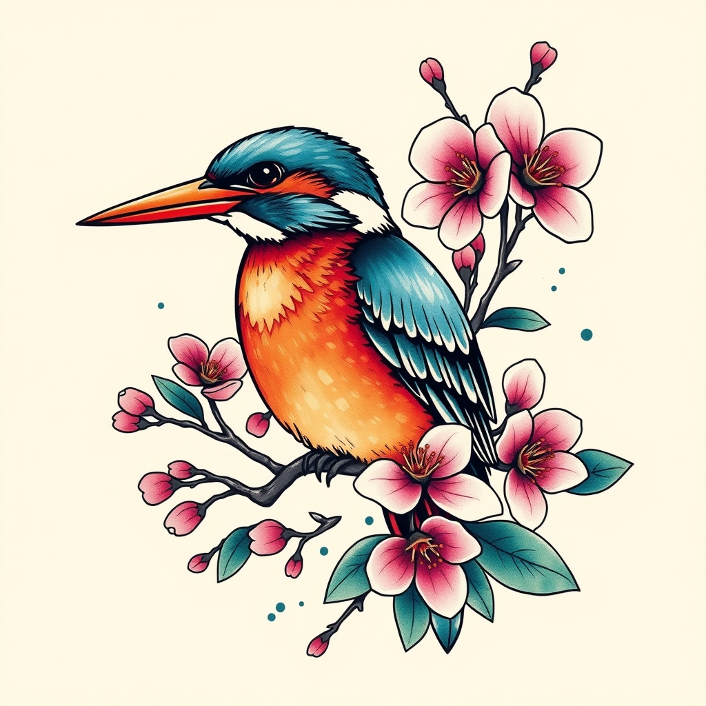 A tattoo design of Kingfisher and cherry blossoms in colour in the style of abstract. - nature tattoo design generated by AI tattoo generator