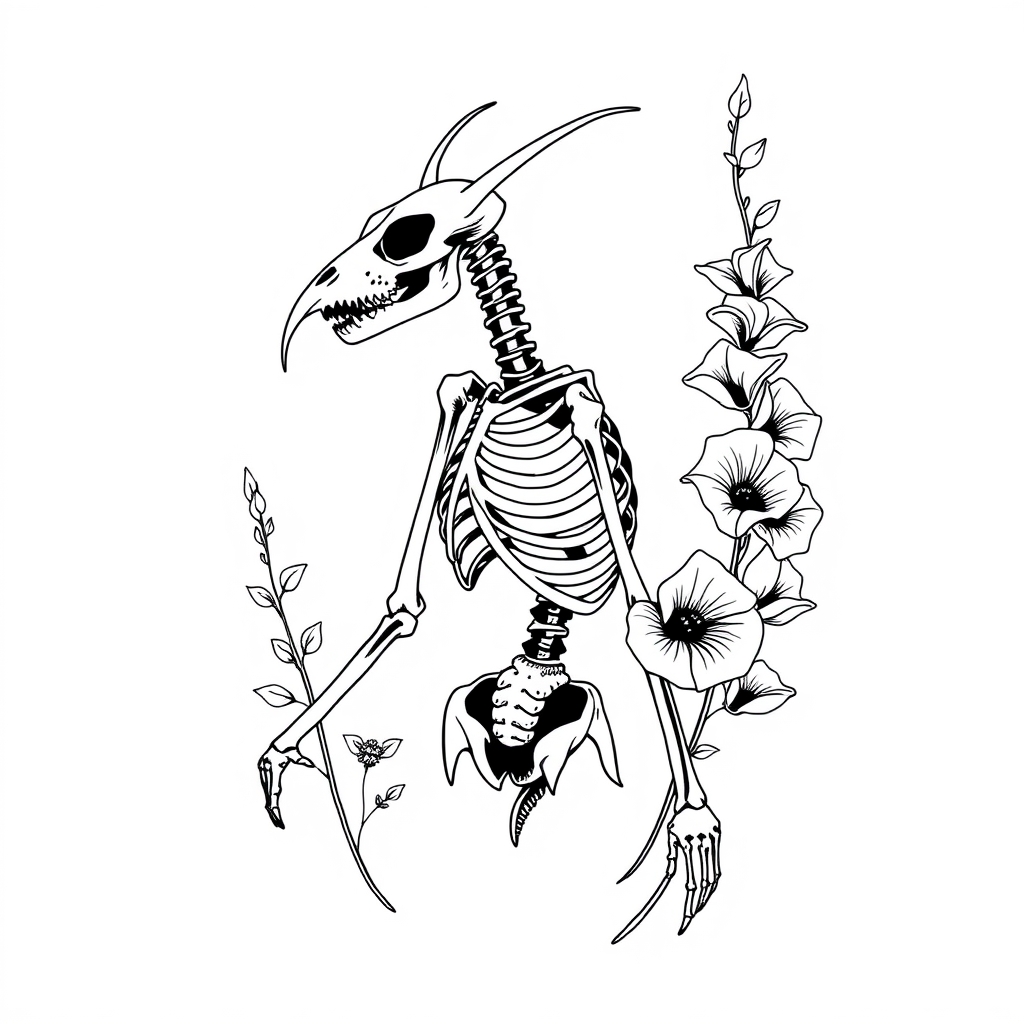 A tattoo design of Thorax skelleton with foxglove flowers in black and white in the style of minimalist. - skeleton and flowers tattoo design generated by AI tattoo generator