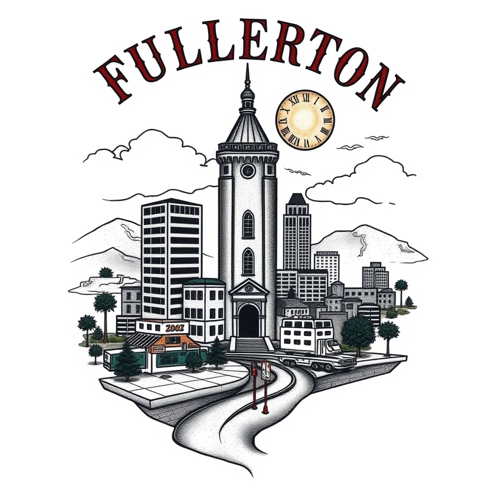 A tattoo design of City of fullerton  in the style of realistic. - city name tattoo design generated by AI tattoo generator