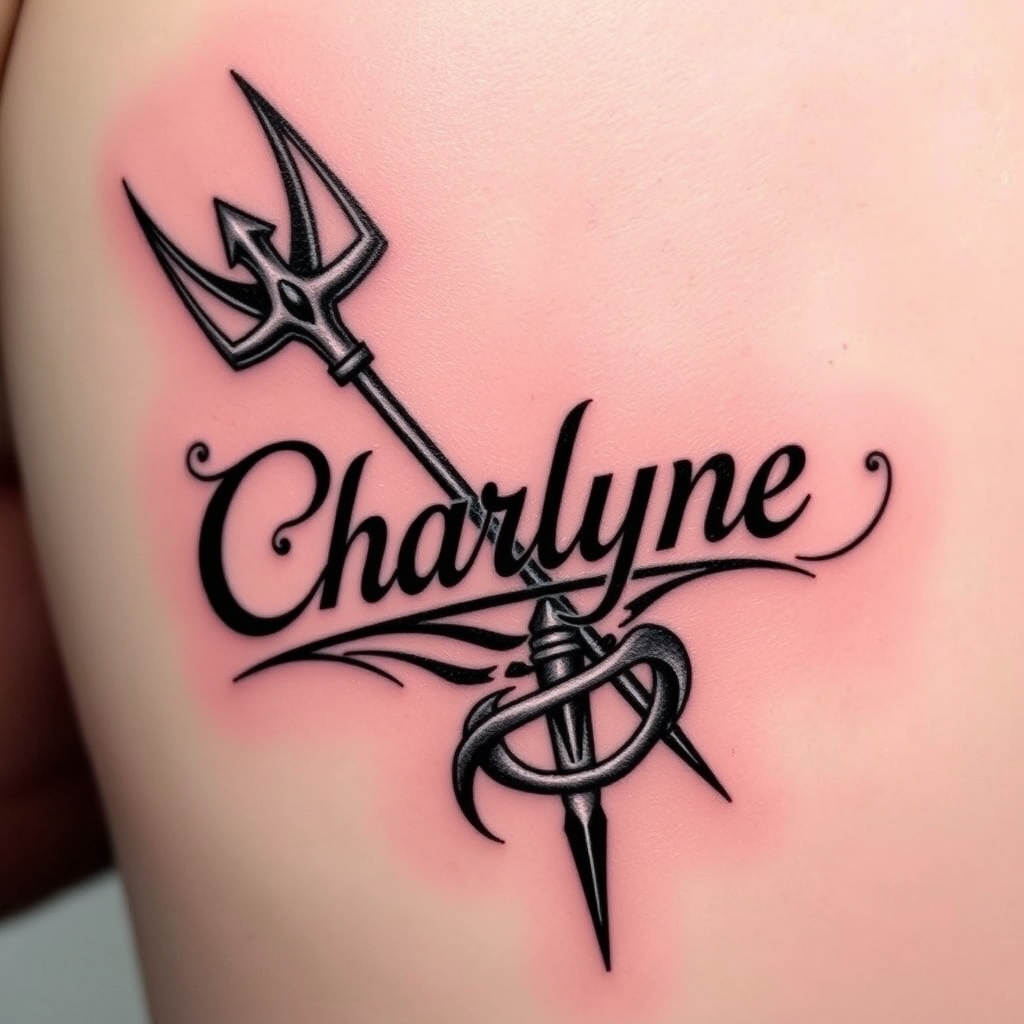 A tattoo design of Guerrière Vicking avec des signes tribaux, le prénom Charlyne écrit en Vicking, armée d'un trident in the style of tribal. - viking warrior tattoo design generated by AI tattoo generator