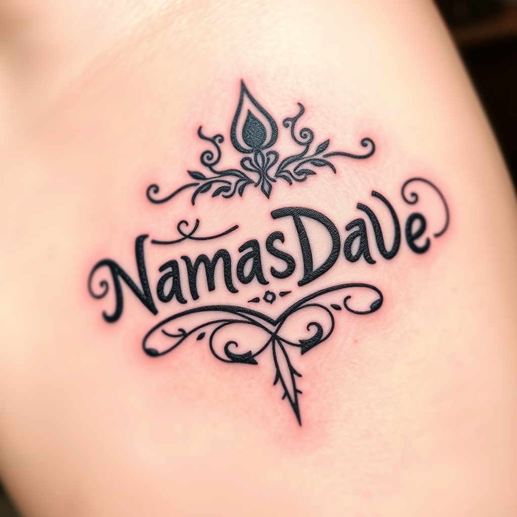 A tattoo design of "NamasDave" in a script for Yoga Teacher in the style of traditional. - yoga tattoo design generated by AI tattoo generator