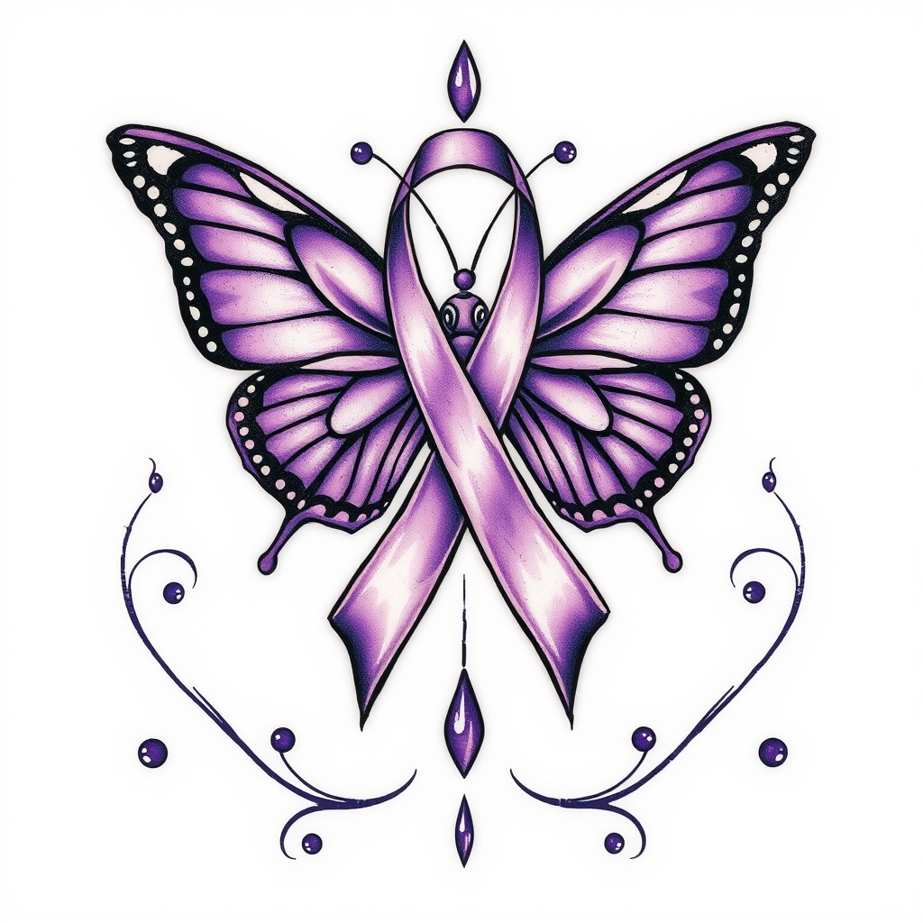 A tattoo design of  crying with the domestic awareness ribbon with a purple butterfly entwined together in the style of tribal. - mental health awareness tattoo design generated by AI tattoo generator