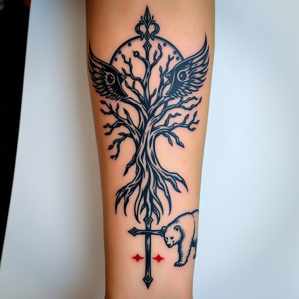 A tattoo design of feminine, odins ravens, wyrd, yggdrasil, vegvisin, valknut, troll cross and bear, add a little red Down my arm onto my wrist in the style of realistic. - norse mythology tattoo design generated by AI tattoo generator