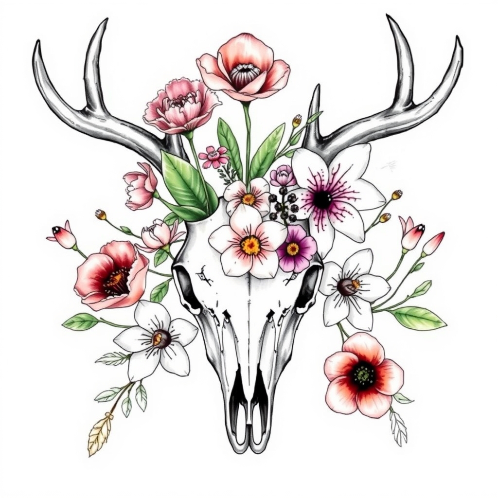 A tattoo design of a tattoo sketch of carnations, crocus, orchids, lilies and buffalo bean flowers arranged in the shape of a deer skull in the style of watercolor. - floral arrangement tattoo design generated by AI tattoo generator