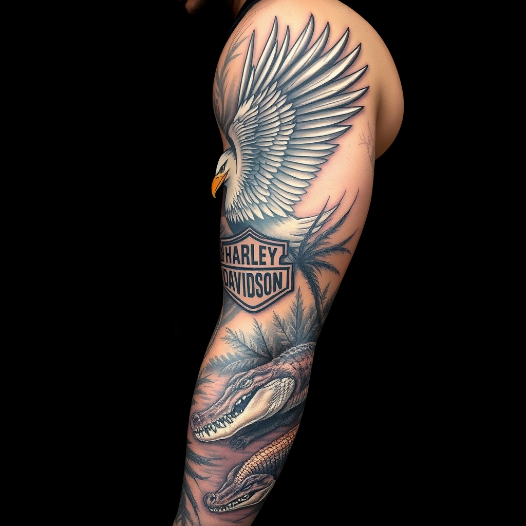 A tattoo design of Right arm full sleeve with Harley Davidson theme with eagles mixed with Florida swamp theme with american alligators in the style of realistic. - motorcycle culture tattoo design generated by AI tattoo generator