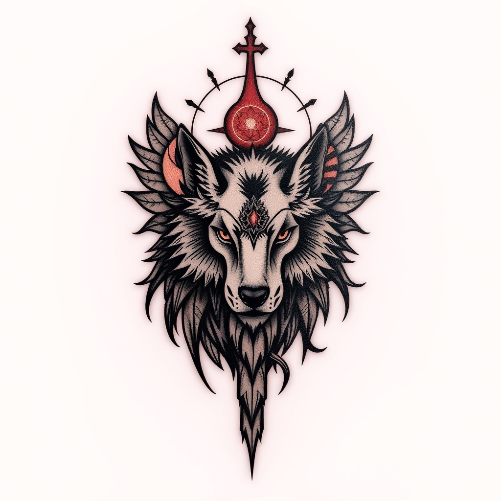 A tattoo design of Protected by God and Wolf in the style of abstract. - spiritual symbol tattoo design generated by AI tattoo generator