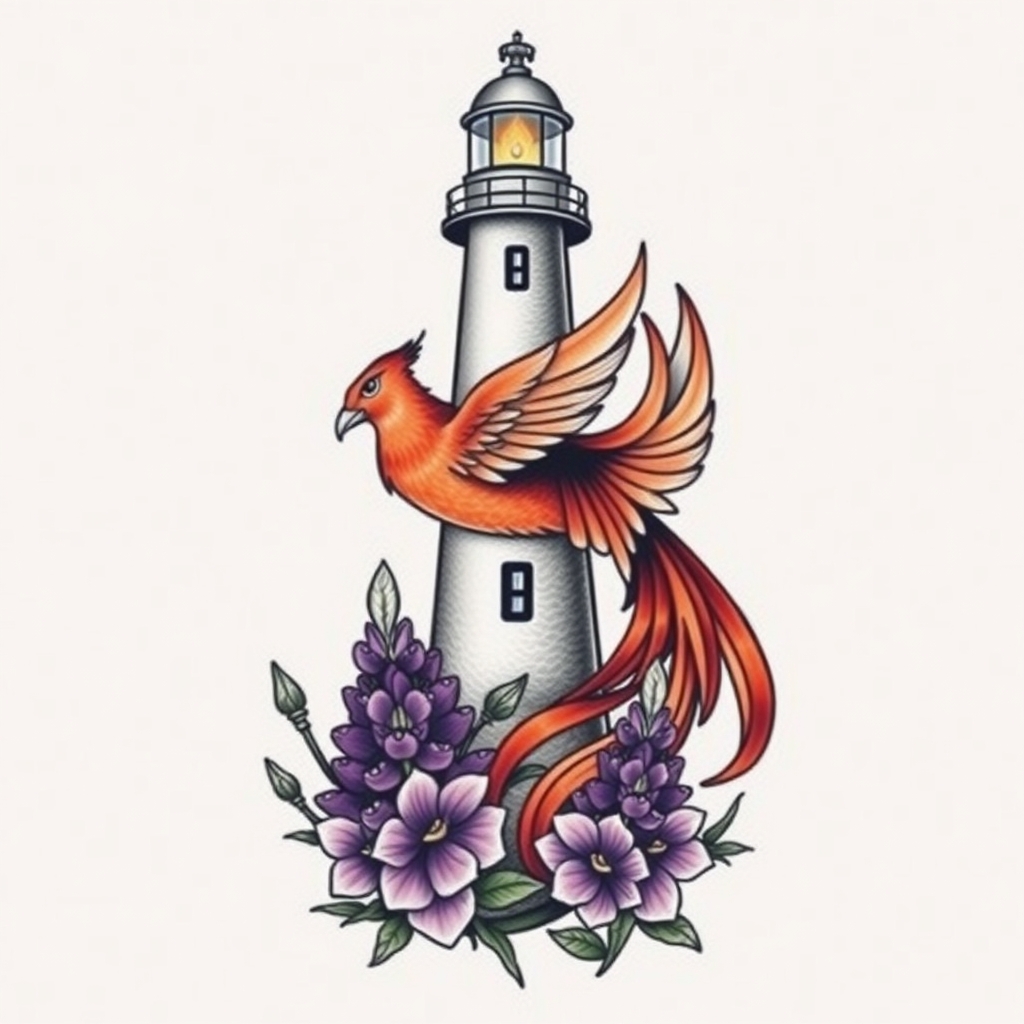 A tattoo design of  lighthouse with a phoenix an purple lupines   in the style of traditional. - lighthouse with mythical creature and flowers tattoo design generated by AI tattoo generator