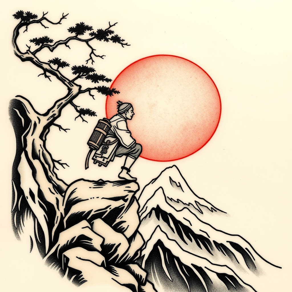 A tattoo design of Carer climbing a mountain in the style of japanese. - mountain climbing tattoo design generated by AI tattoo generator