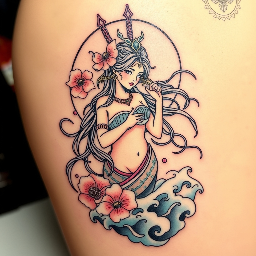 A tattoo design of Water goddess in the style of japanese. - mythological figure tattoo design generated by AI tattoo generator