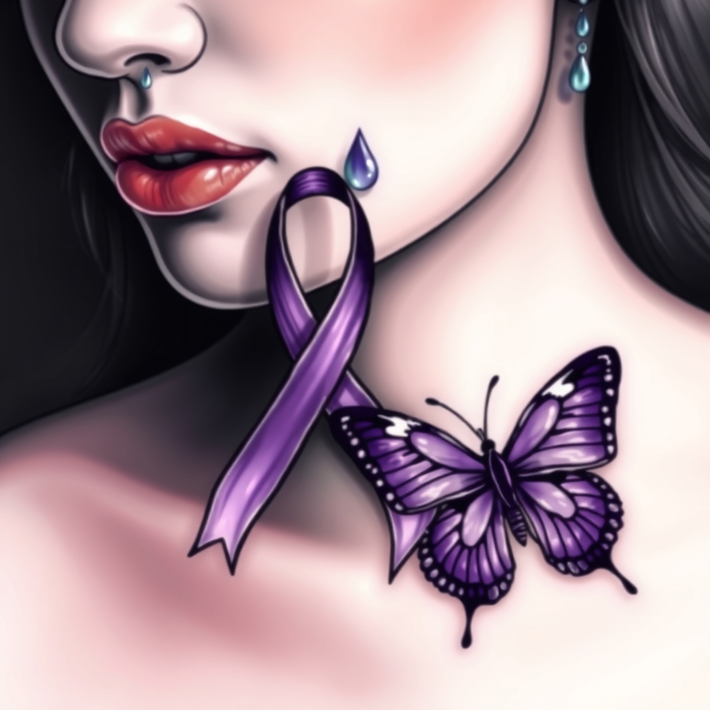 A tattoo design of A tear running down a woman's face with a domestic violence ribbon and a purple butterfly entwined together in the style of realistic. - domestic violence awareness tattoo design generated by AI tattoo generator