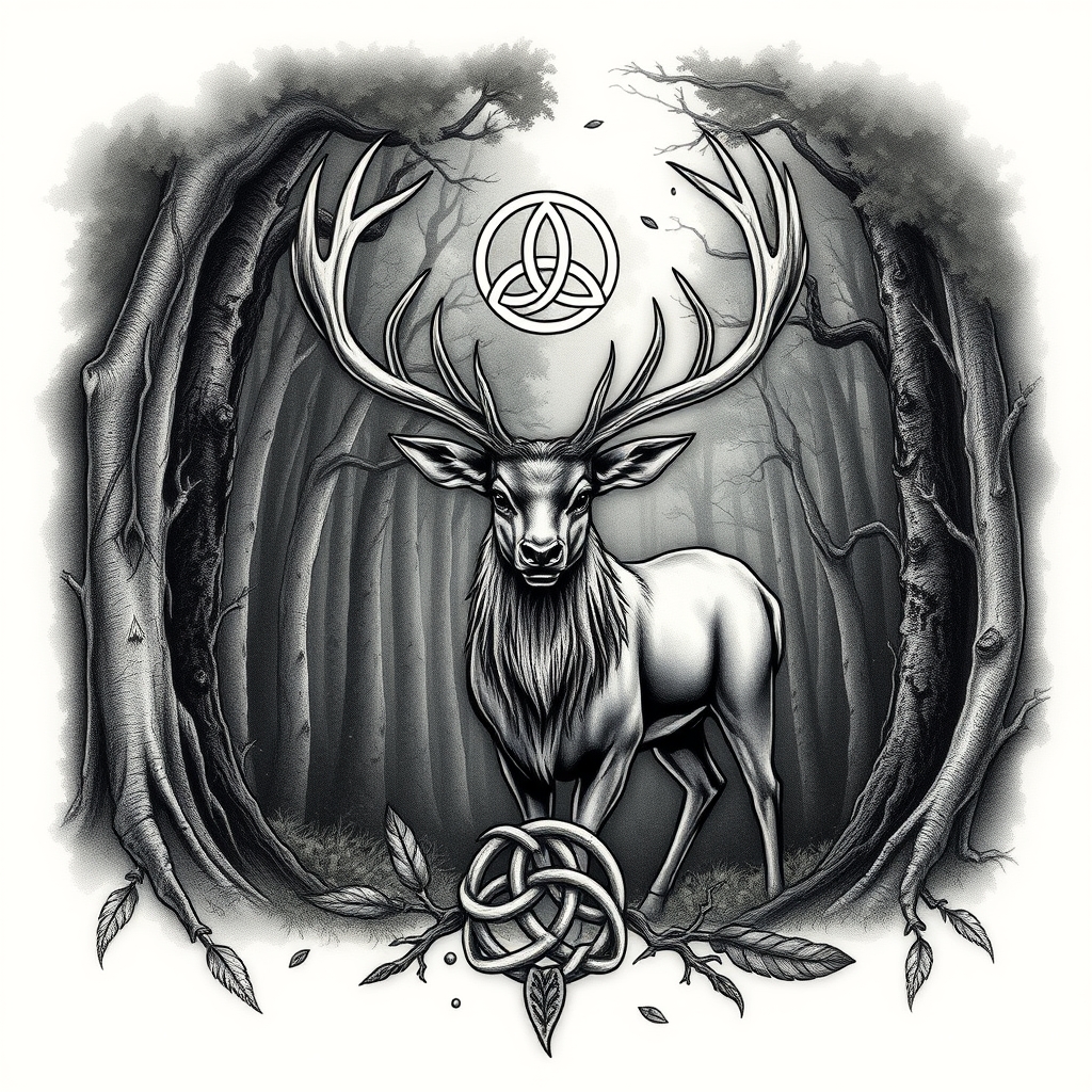 A tattoo design of A majestic Stag in a dense, lush forest with Celtic symbolism - Triskeles, tiple celtic knots. There is also some smaller details e.g. thorny branches, fallen feathers. looking to symbolise growth, and strength following periods of shame, regret and a mental health issues following a difficult time in my life in the style of realistic. - animal wildlife tattoo design generated by AI tattoo generator