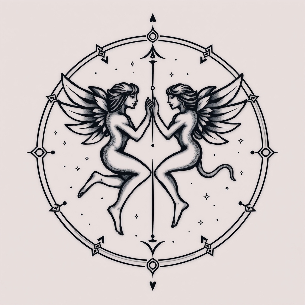 A tattoo design of gemini zodiac sign or constellation, symbolism for Alan watts teachings such as universal consciousness and letting go of the ego in the style of realistic. - astrology zodiac tattoo design generated by AI tattoo generator