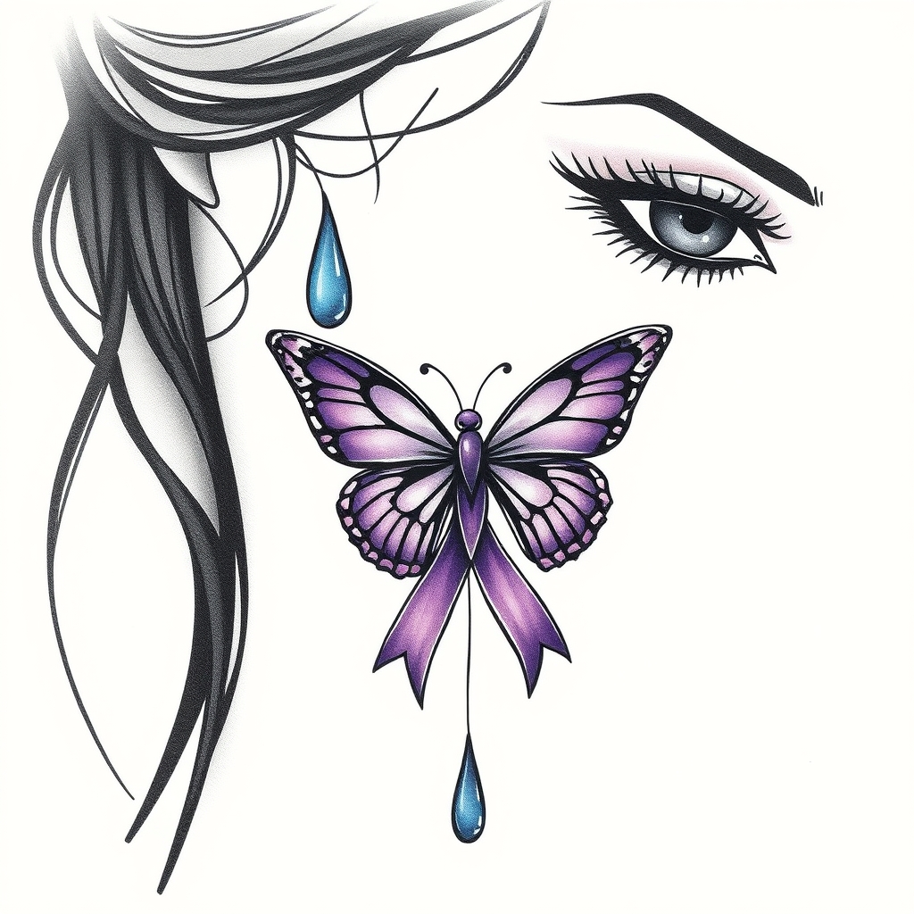 A tattoo design of A tear running down a woman's face with a domestic violence ribbon and a purple butterfly entwined together in the style of abstract. - domestic violence awareness tattoo design generated by AI tattoo generator