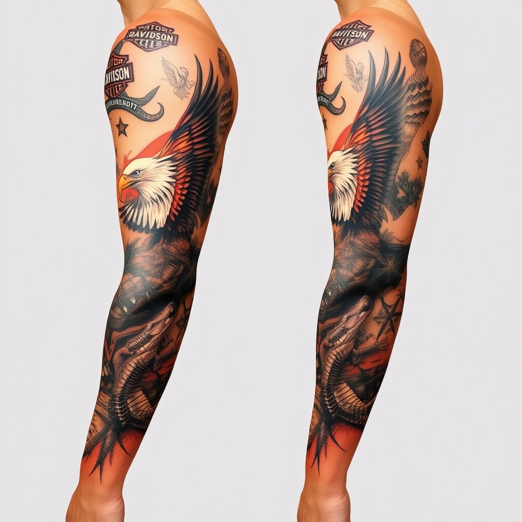 A tattoo design of Right arm full sleeve with Harley Davidson theme with eagles mixed with Florida swamp theme with american alligators in the style of realistic. - motorcycles and wildlife tattoo design generated by AI tattoo generator