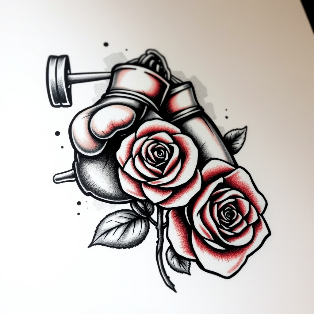 A tattoo design of A pair of boxing gloves, a barbell, and a rose in the style of realistic. - fitness symbols tattoo design generated by AI tattoo generator