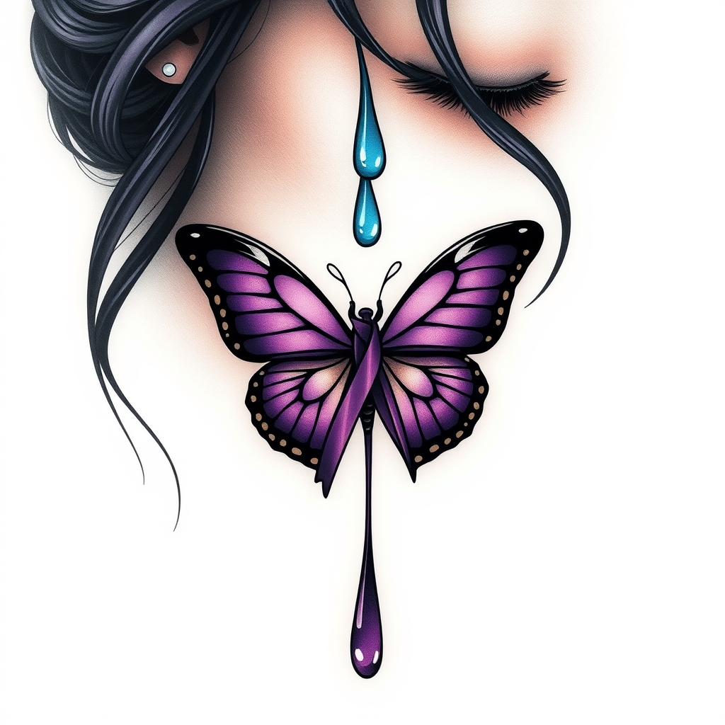 A tattoo design of A tear running down a woman's face with a domestic violence ribbon and a purple butterfly entwined together in the style of surrealistic. - domestic violence awareness tattoo design generated by AI tattoo generator