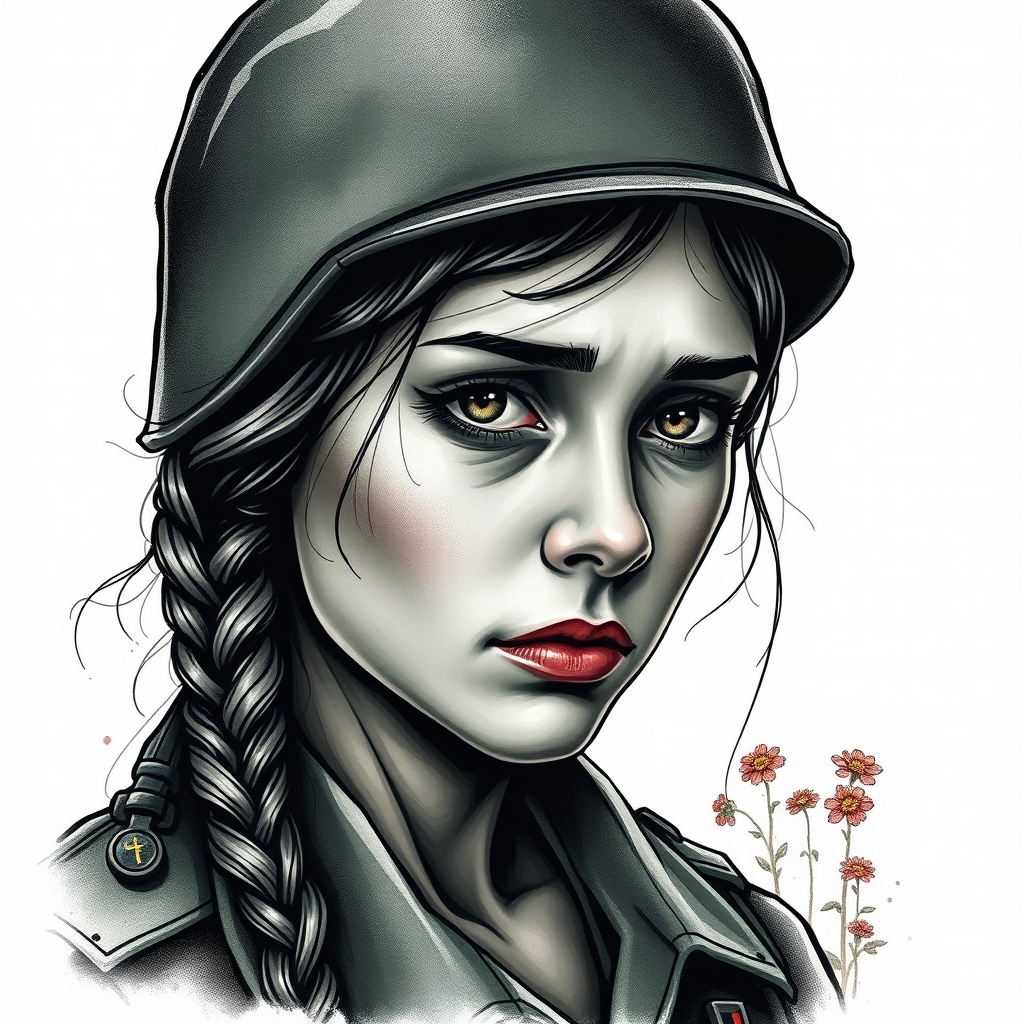A tattoo design of Ukranian Soldier girl sad in the style of realistic. - military portrait tattoo design generated by AI tattoo generator