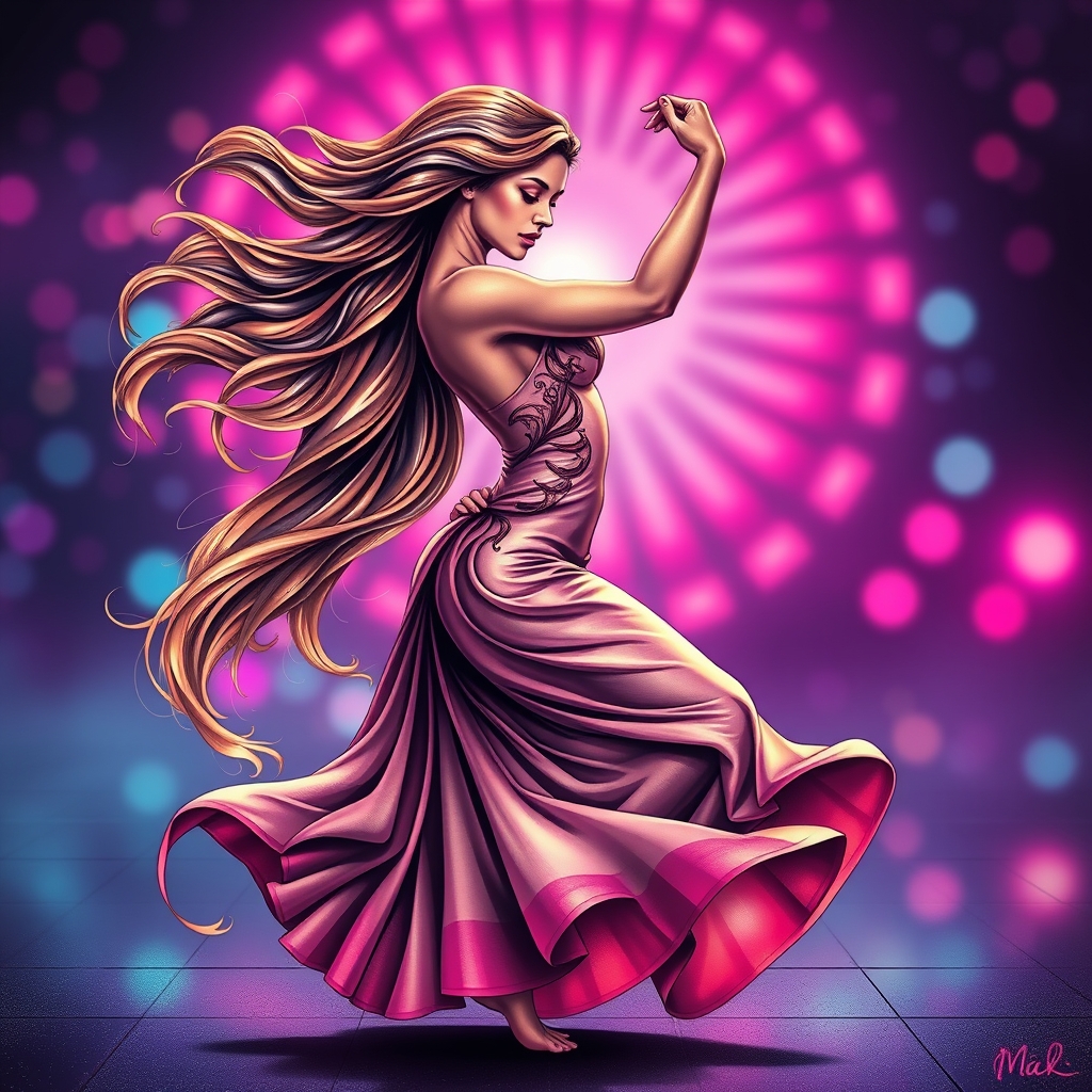A tattoo design of A breathtakingly human woman dances mid-pose, her movement caught between motion and stillness. Her hair flows like liquid gold in slow gravity, while her form spirals with the grace of a Fibonacci shell. The background glows with radiant neon pinks and electric blues — a dreamy surreal night with shimmering bokeh. Her expression is pure reverie, as if music moves through her bones. The lighting casts soft shadows that carve her features in high-resolution detail, almost too perfect to be real. in the style of tribal. - woman dance tattoo design generated by AI tattoo generator