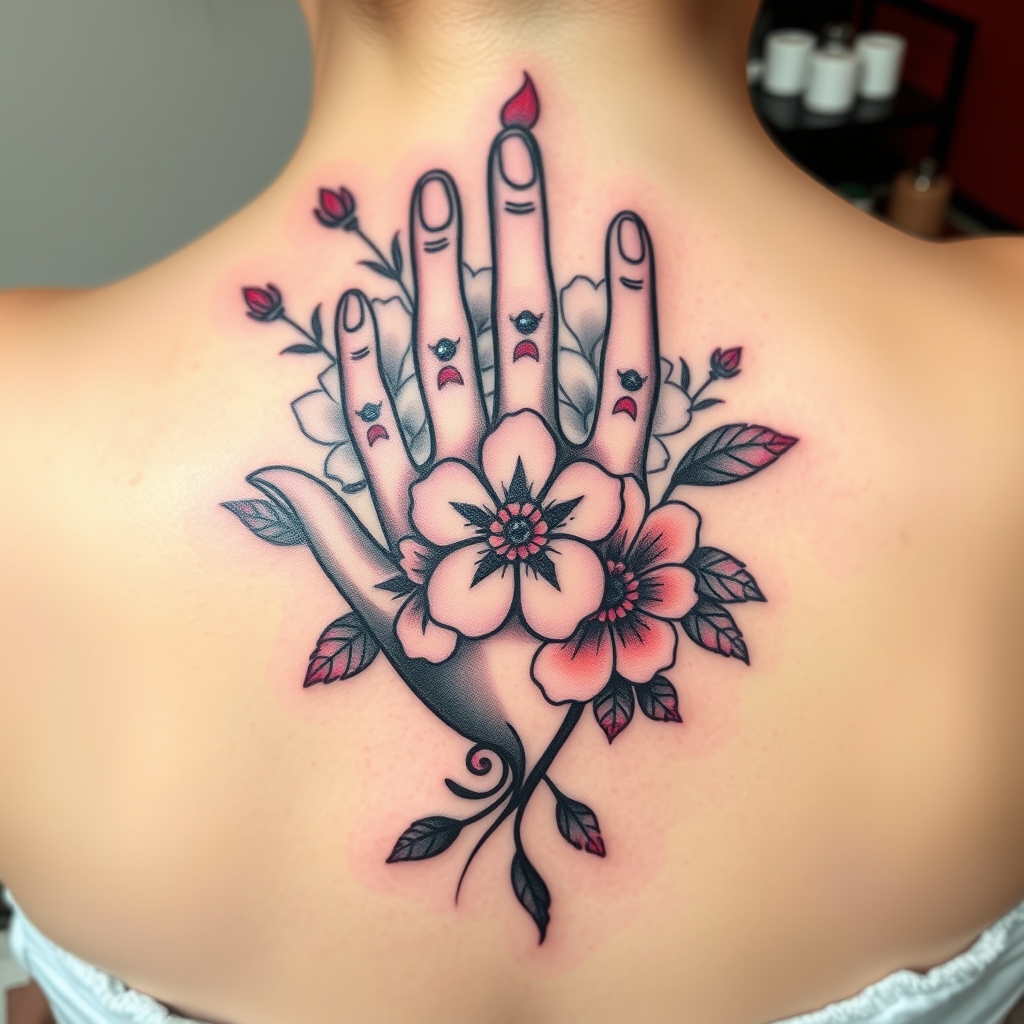 A tattoo design of flowers, with granddaughter hand print in the style of traditional. - family symbol tattoo design generated by AI tattoo generator