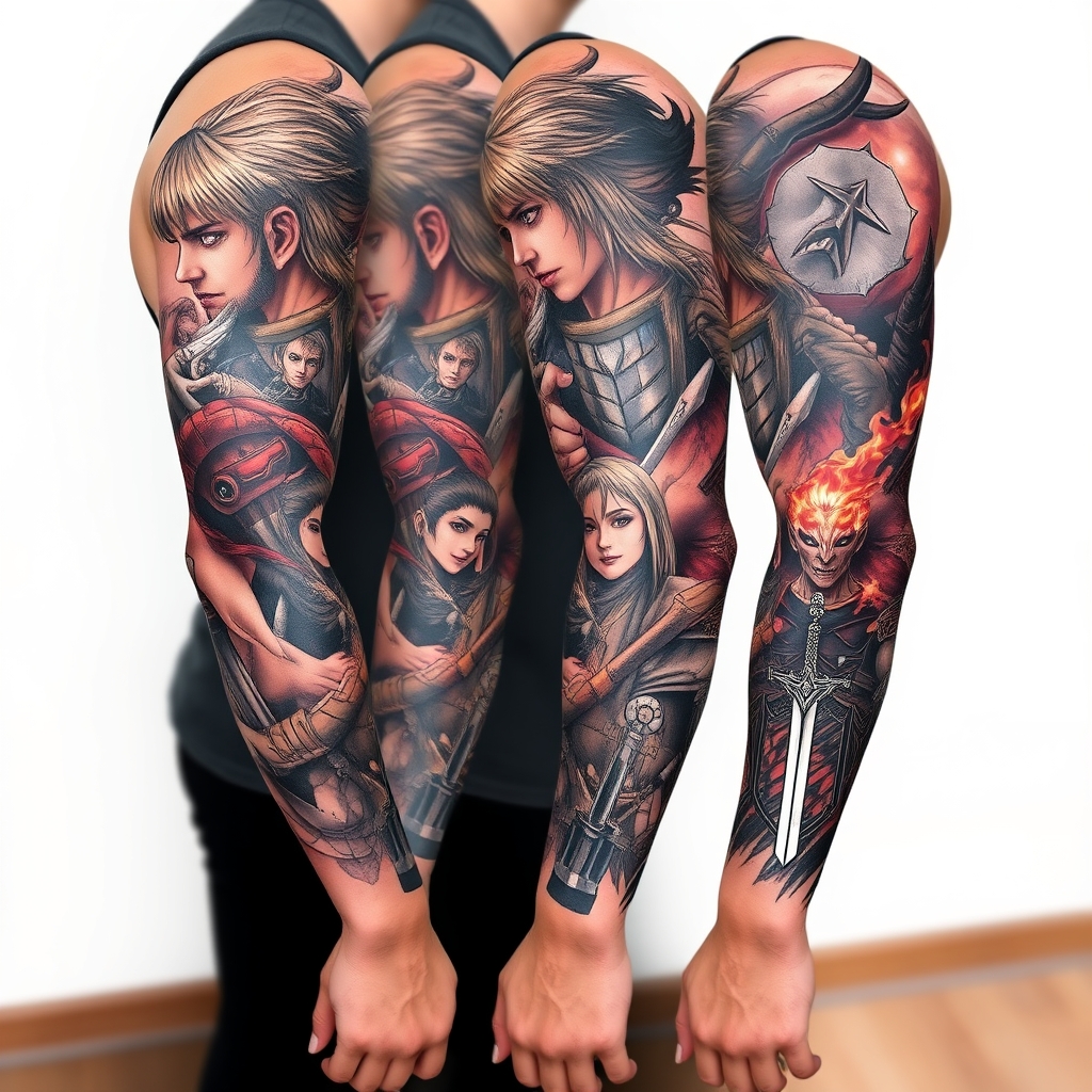 A tattoo design of Full sleeve with characters from solo leveling, attack on titan, demon slayer, and sword art online in the style of realistic. - anime characters tattoo design generated by AI tattoo generator