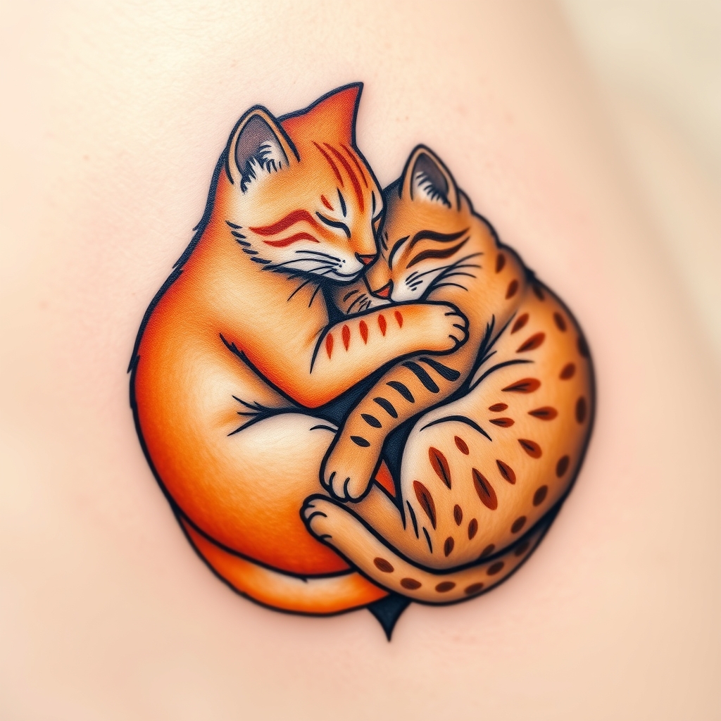 A tattoo design of A heart shape that looks like an orange cat and a brown tabby cat sleeping and hugging . The cats are the same size. The cats fill the entire shape. The cats are facing each other  in the style of traditional. - cats tattoo design generated by AI tattoo generator