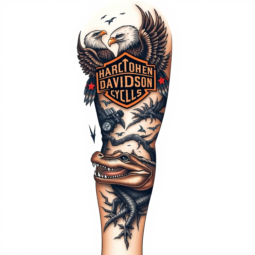 A tattoo design of Right arm full sleeve with the upper containing Harley Davidson theme with eagles mixed with the lower of Florida swamp theme with alligator in the style of realistic. - motorcycles and wildlife tattoo design generated by AI tattoo generator