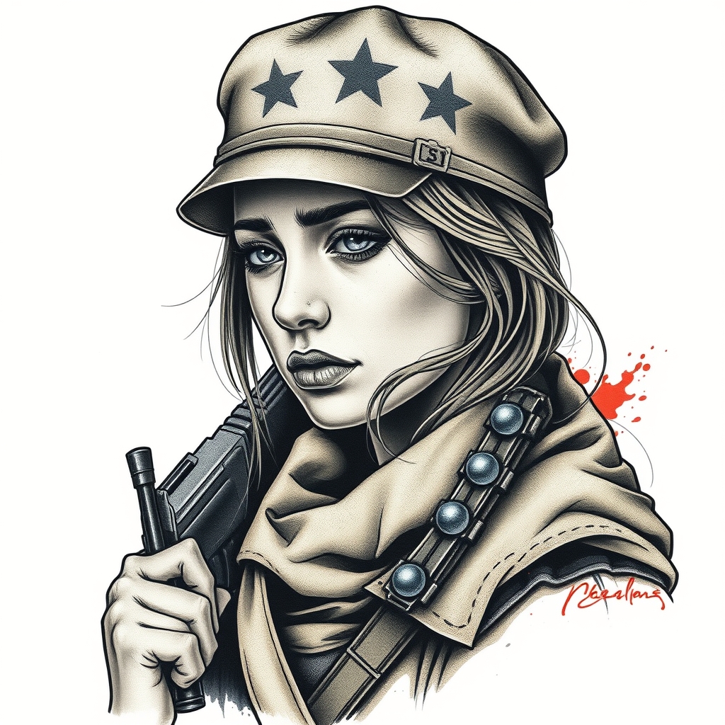 A tattoo design of Ukranian Soldier girl sad in the style of realistic. - ukrainian soldier tattoo design generated by AI tattoo generator