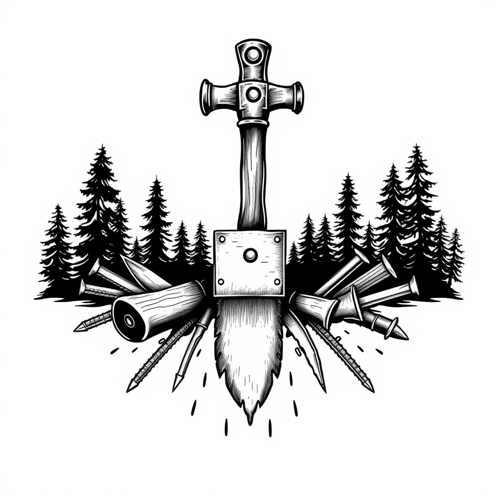 A tattoo design of Hammer, saw, sawblades, and nails with trees in the background in the style of blackwork. - construction tools tattoo design generated by AI tattoo generator