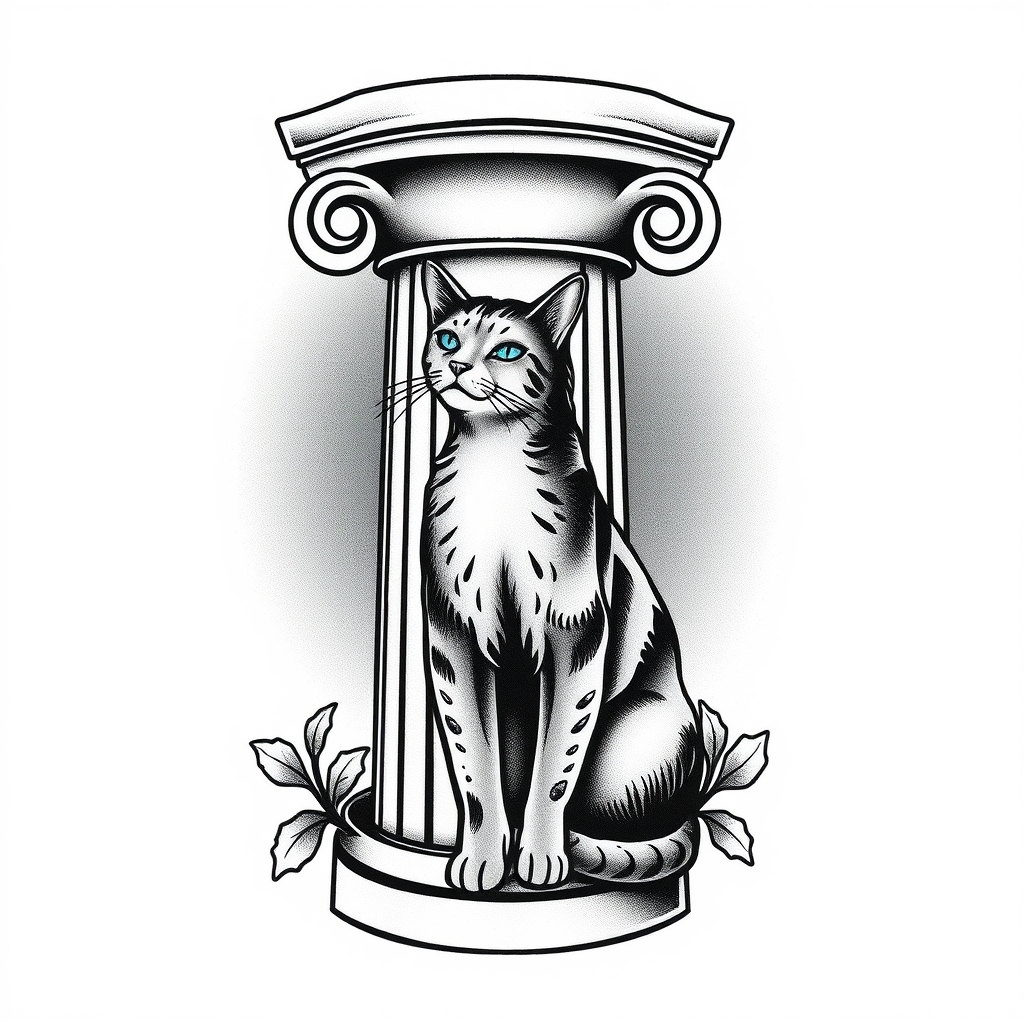 A tattoo design of Greek pillar with a cat in the style of traditional. - architecture tattoo design generated by AI tattoo generator