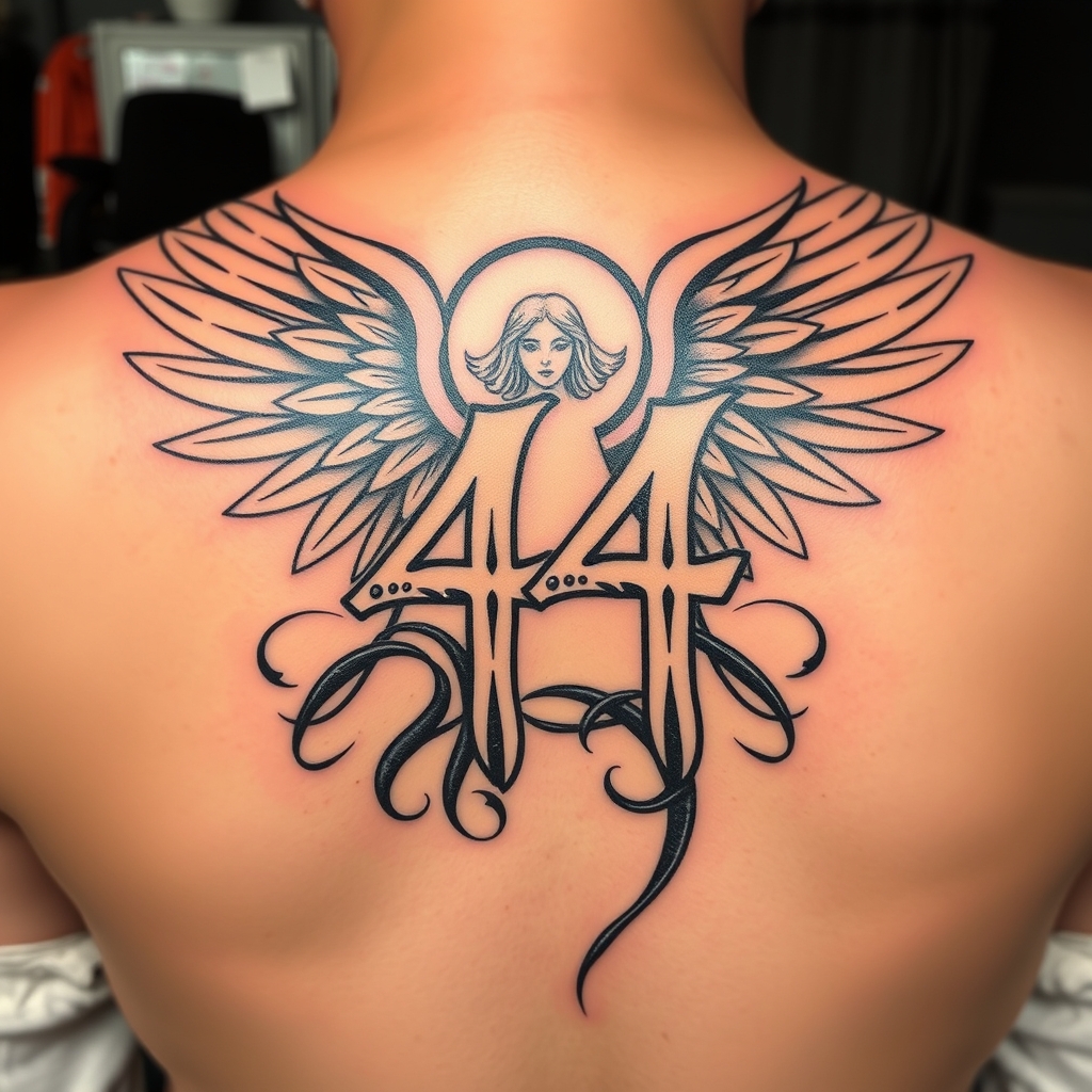 A tattoo design of angel with the number 44 in the style of tribal. - angels tattoo design generated by AI tattoo generator