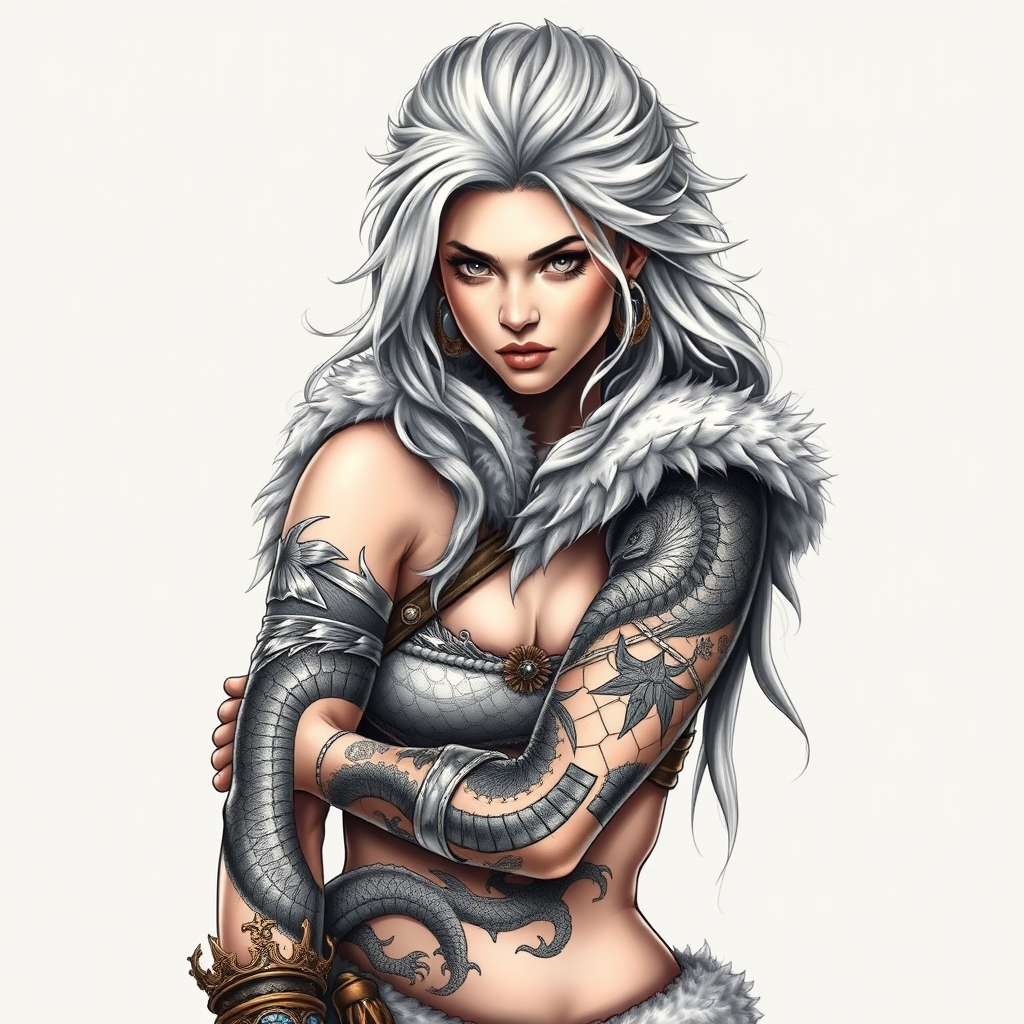 A tattoo design of Pin up fur covered northern warrior goddess with a dragon tattoo wrapped around her left arm and silver hair full body in the style of realistic. - mythological figures tattoo design generated by AI tattoo generator