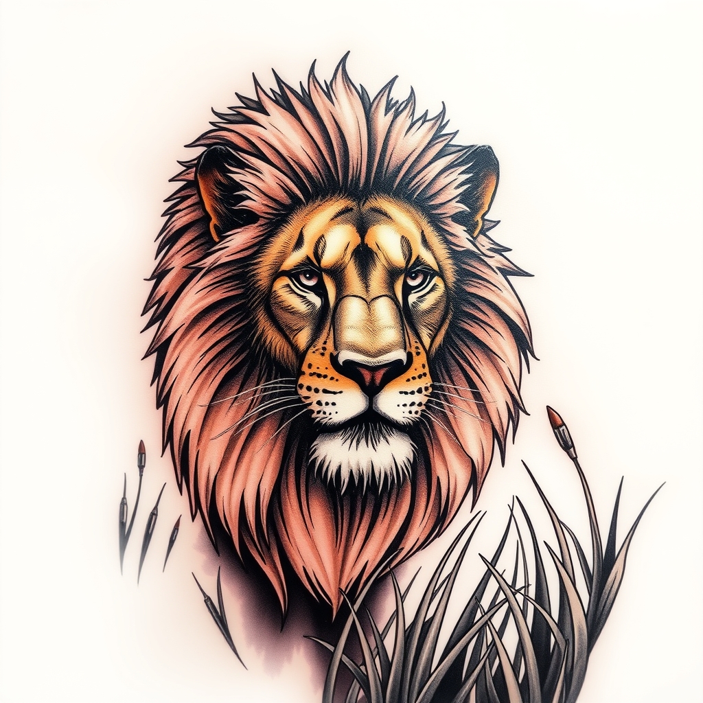 A tattoo design of a magestic lion in grass in the style of realistic. - wildlife tattoo design generated by AI tattoo generator