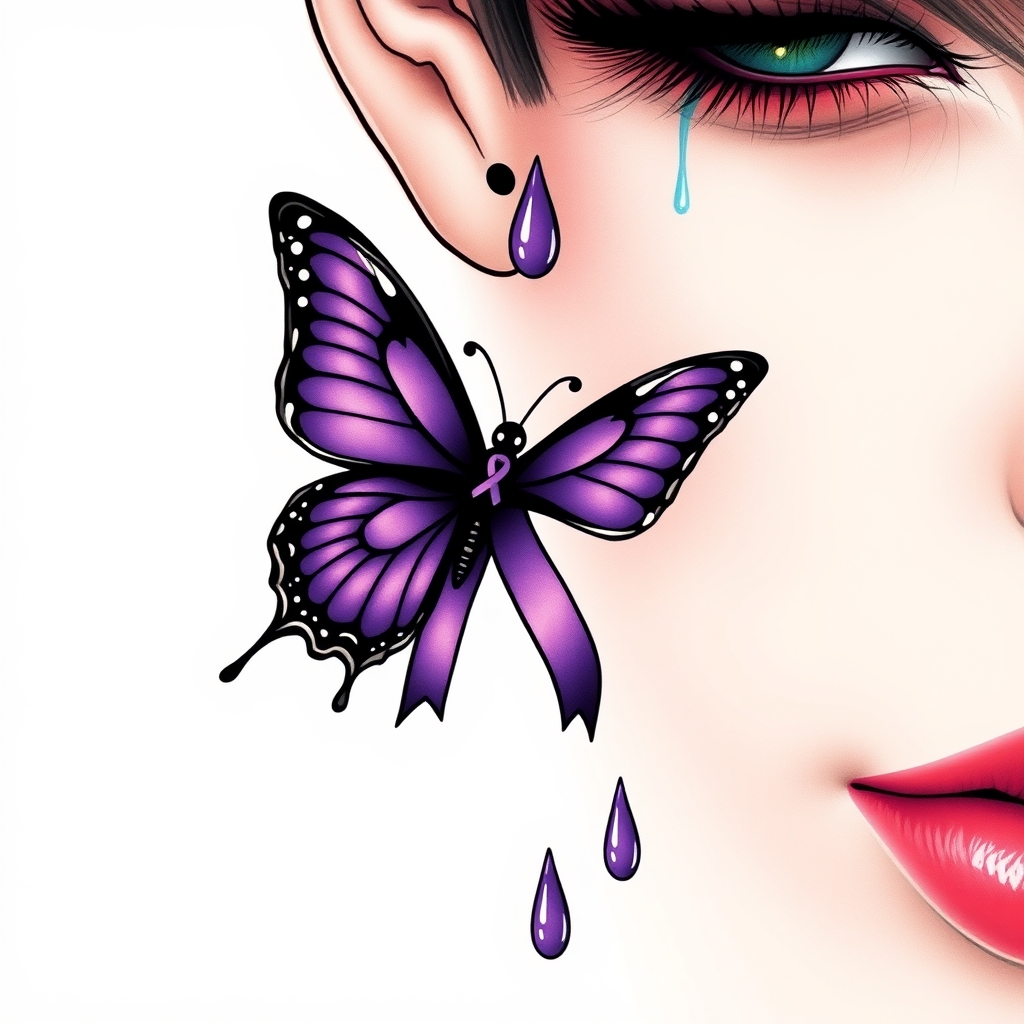 A tattoo design of A tear running down a woman's face with a domestic violence ribbon and a purple butterfly entwined together in the style of surrealistic. - domestic violence awareness tattoo design generated by AI tattoo generator