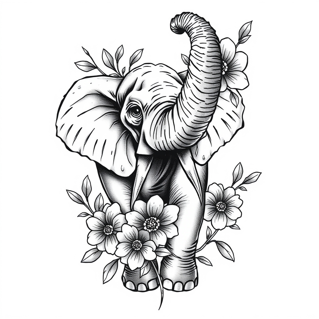 A tattoo design of elephant with trunk pointing up with flowers in the style of realistic. - animal wildlife tattoo design generated by AI tattoo generator