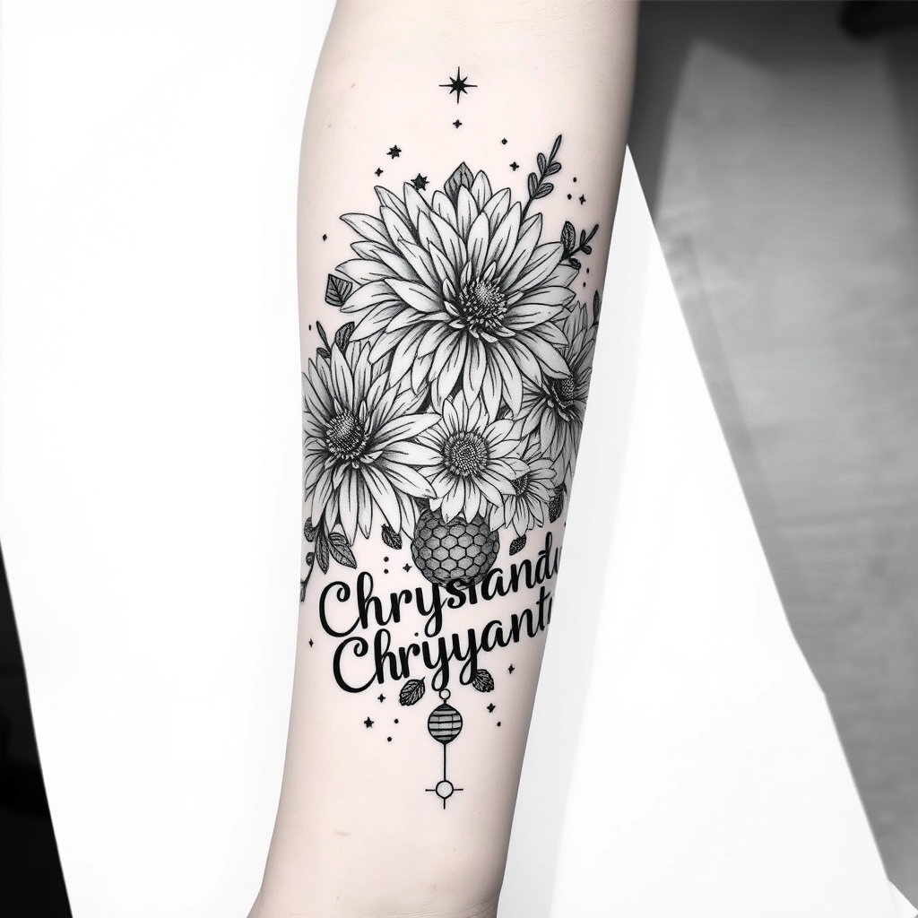 A tattoo design of Black and white from elbow to hand, blooming Chrysanthemums, scattered honeycomb, the word Chrysanthemum in the style of geometric. - flowers tattoo design generated by AI tattoo generator