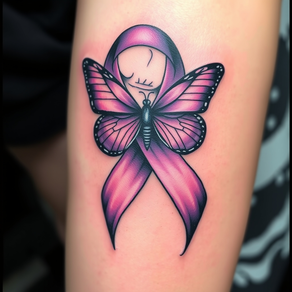 A tattoo design of Domestic violence ribbon awareness inclined together with a purple butterfly as a women hunched over her hands overing her face in the style of abstract. - domestic violence awareness tattoo design generated by AI tattoo generator