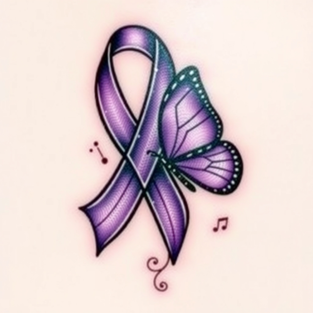 A tattoo design of Domestic violence ribbon awareness inclined together with a purple butterfly  in the style of traditional. - domestic violence awareness tattoo design generated by AI tattoo generator