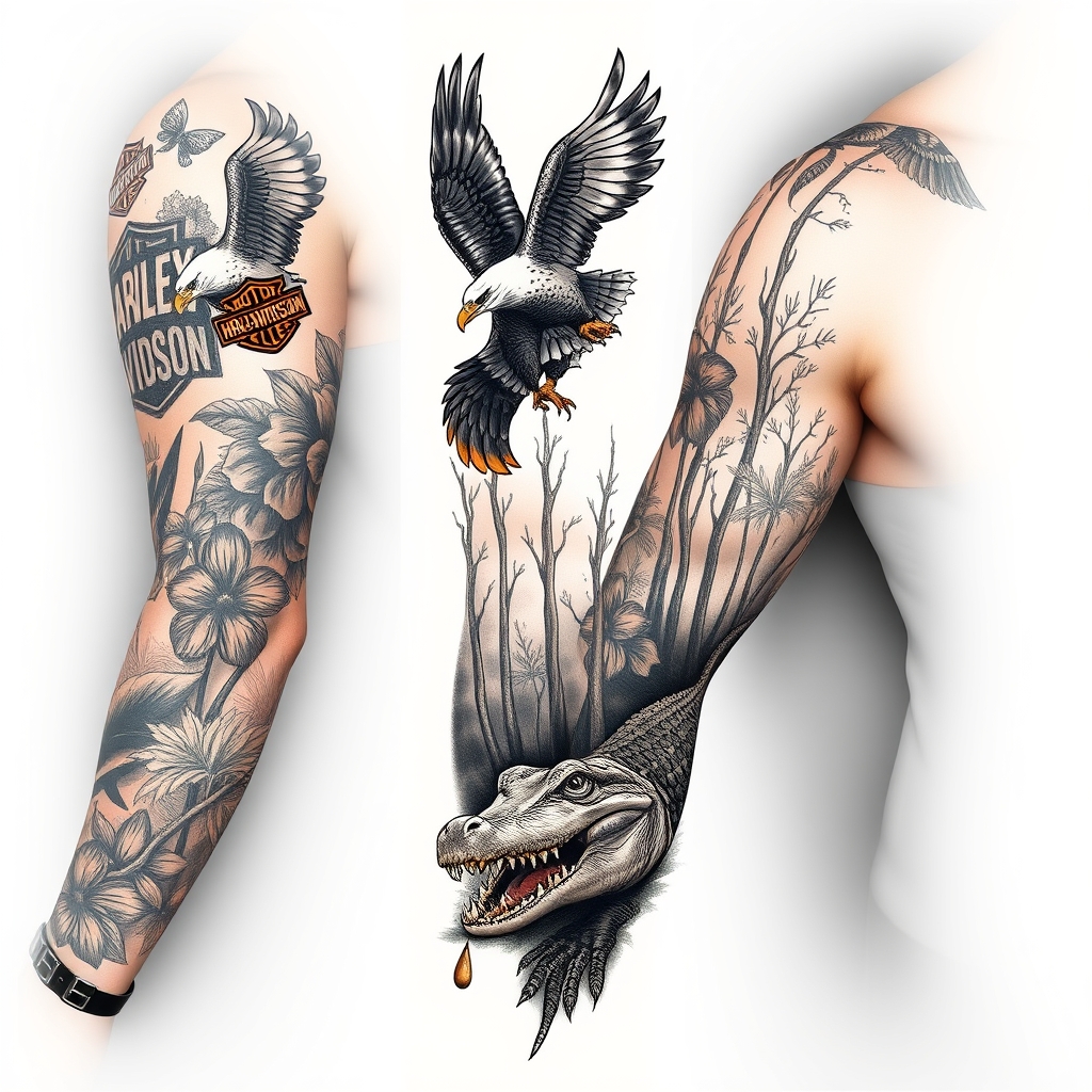 A tattoo design of Right arm full sleeve with the upper containing Harley Davidson theme with eagles mixed with the lower of Florida cypress swamp theme with alligator in the style of realistic. - motorcycle mixed with wildlife tattoo design generated by AI tattoo generator