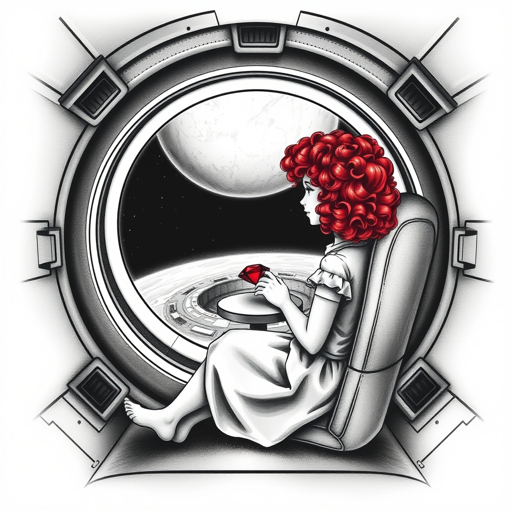 A tattoo design of Black and grey style. Redhead girl with curly hair sitting in a small space capsule alone. Floating through space with nothing to keep her company but a thing red ruby which she keeps on the small table by the porthole window. They are both sitting by the window peering out on an unknown planet. in the style of realistic. - space travel tattoo design generated by AI tattoo generator