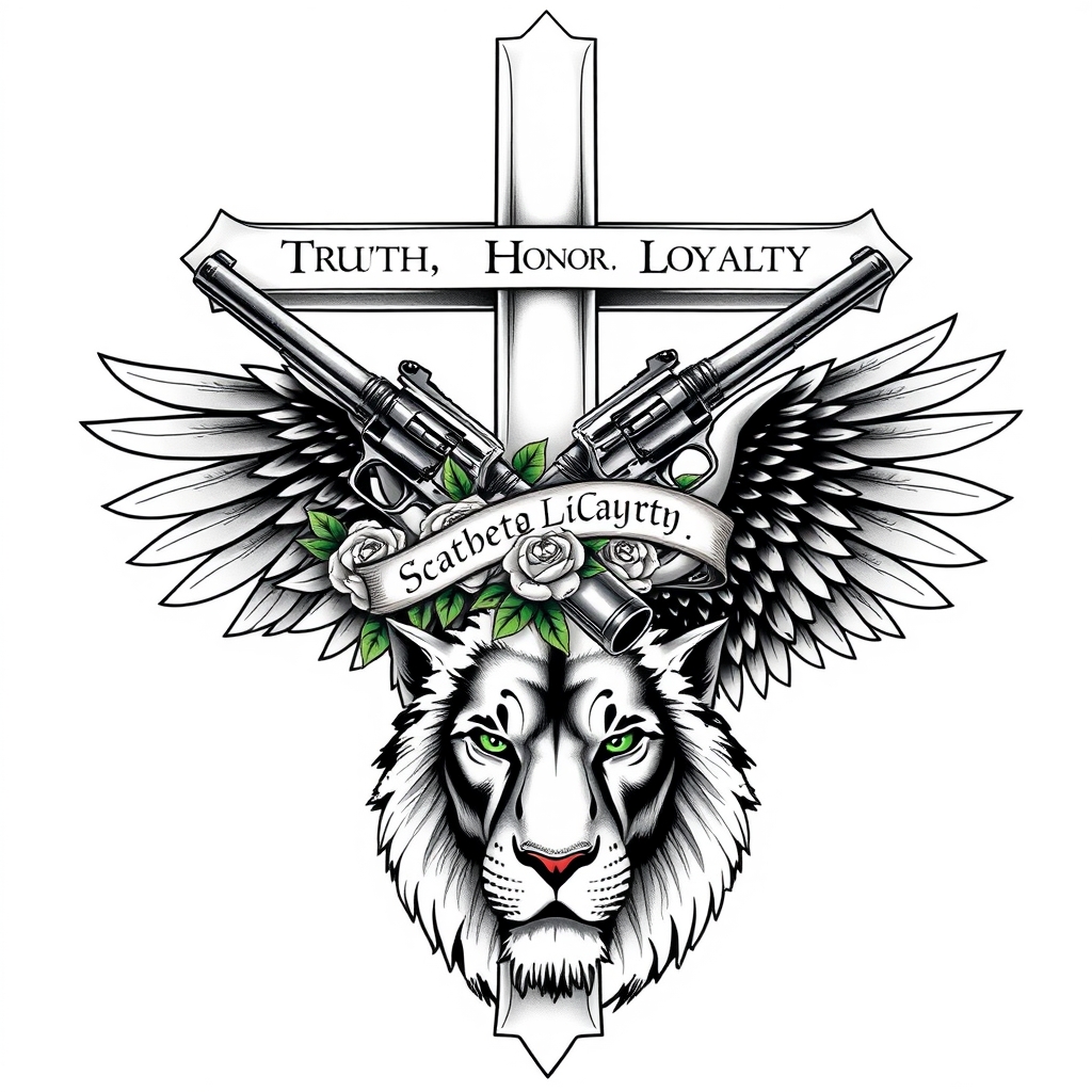 A tattoo design of A Large Christian Cross with the words written in Latin (Truth, Honor, Loyalty) in a banner intertwined, and 2 pearl-handled pistol guns going diagonal across the Cross with a vine of roses wrapped around them, and an Eagles wings on a  gentle green-eyed lion in the style of realistic. - christian symbolism tattoo design generated by AI tattoo generator